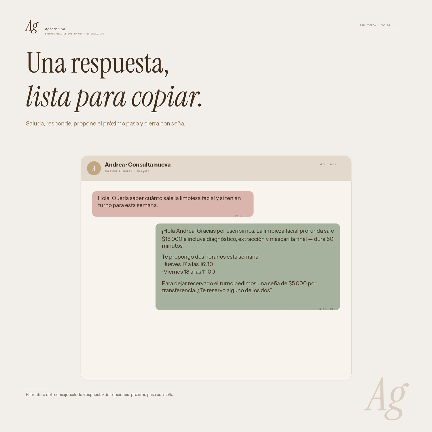 Ejemplo de respuesta profesional por WhatsApp del Kit Agenda Viva