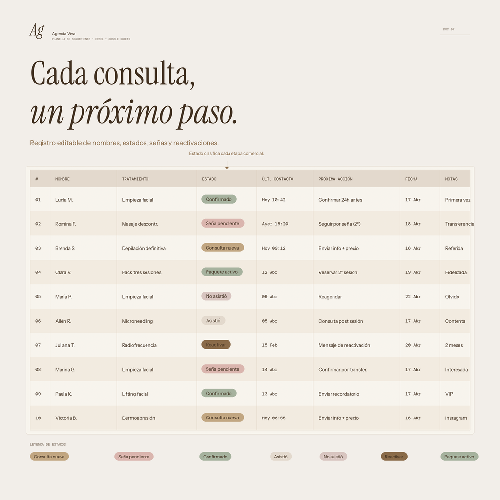 Planilla de seguimiento de clientas de Agenda Viva en Excel